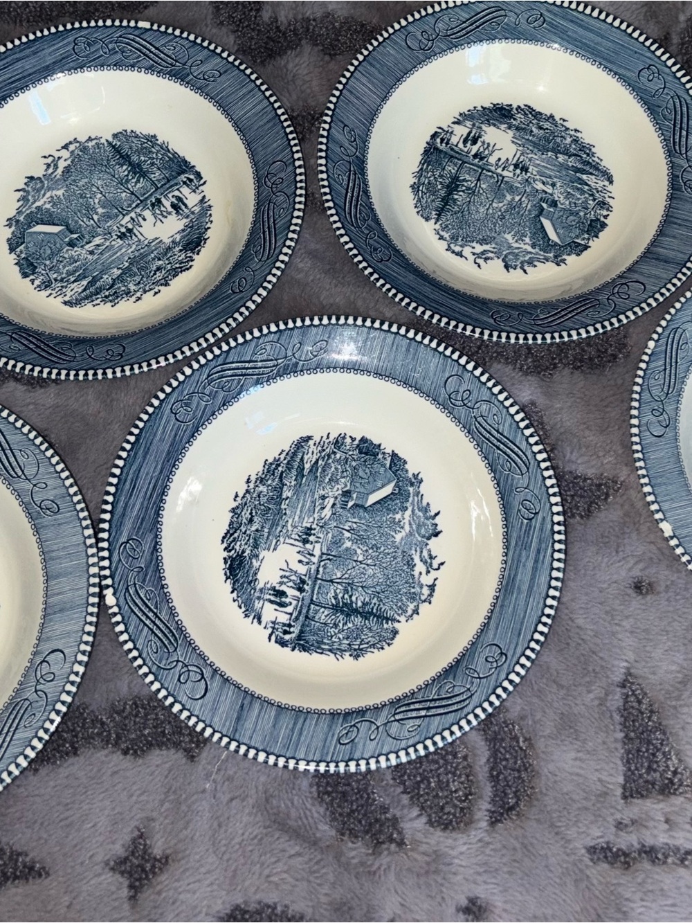 Vintage Royal china Currier & Ives Blue "Early Winter" 8.5" rimmed soup bowl~set